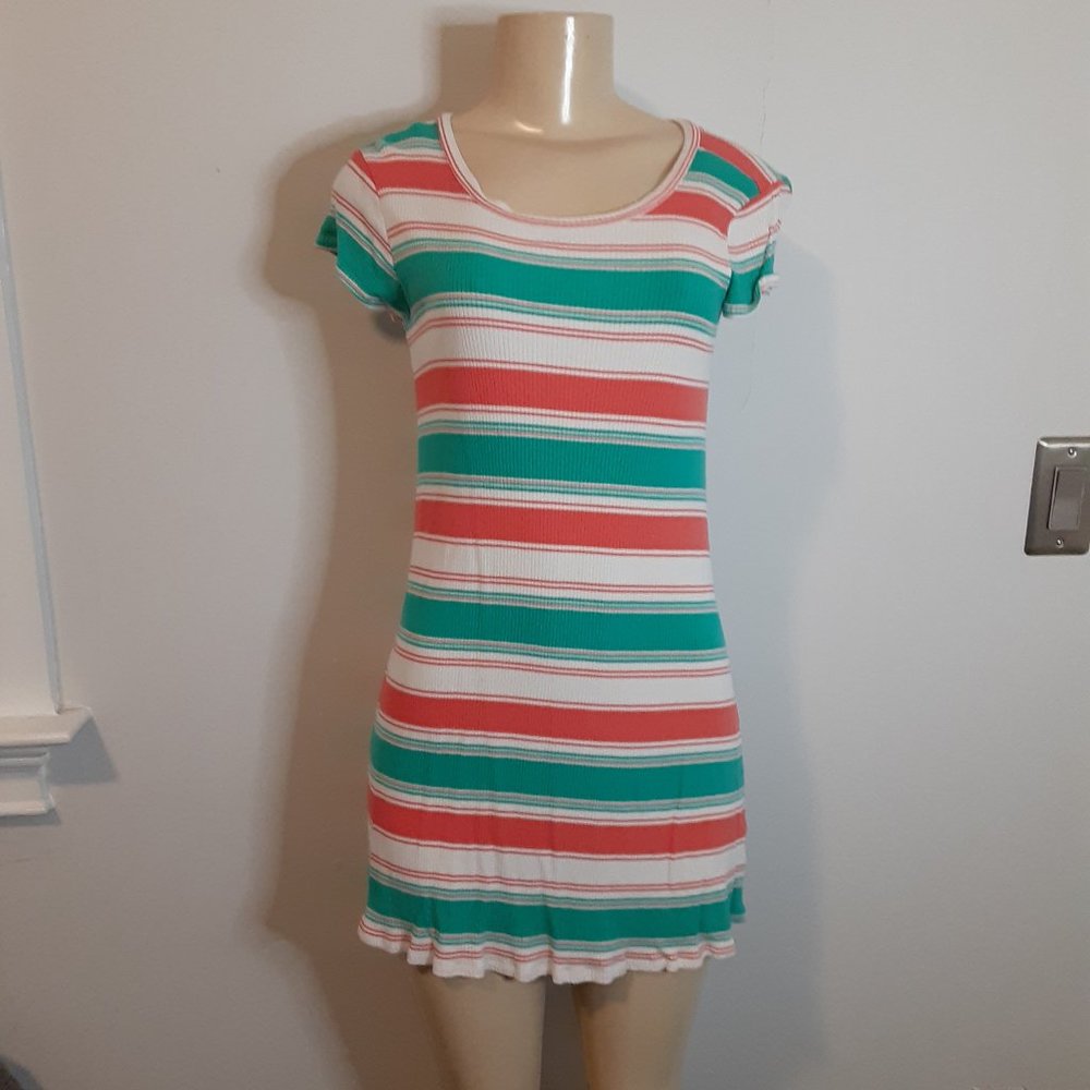 As U Wish White Coral & Teal Ribbed Short Sleeve T Shirt Dress